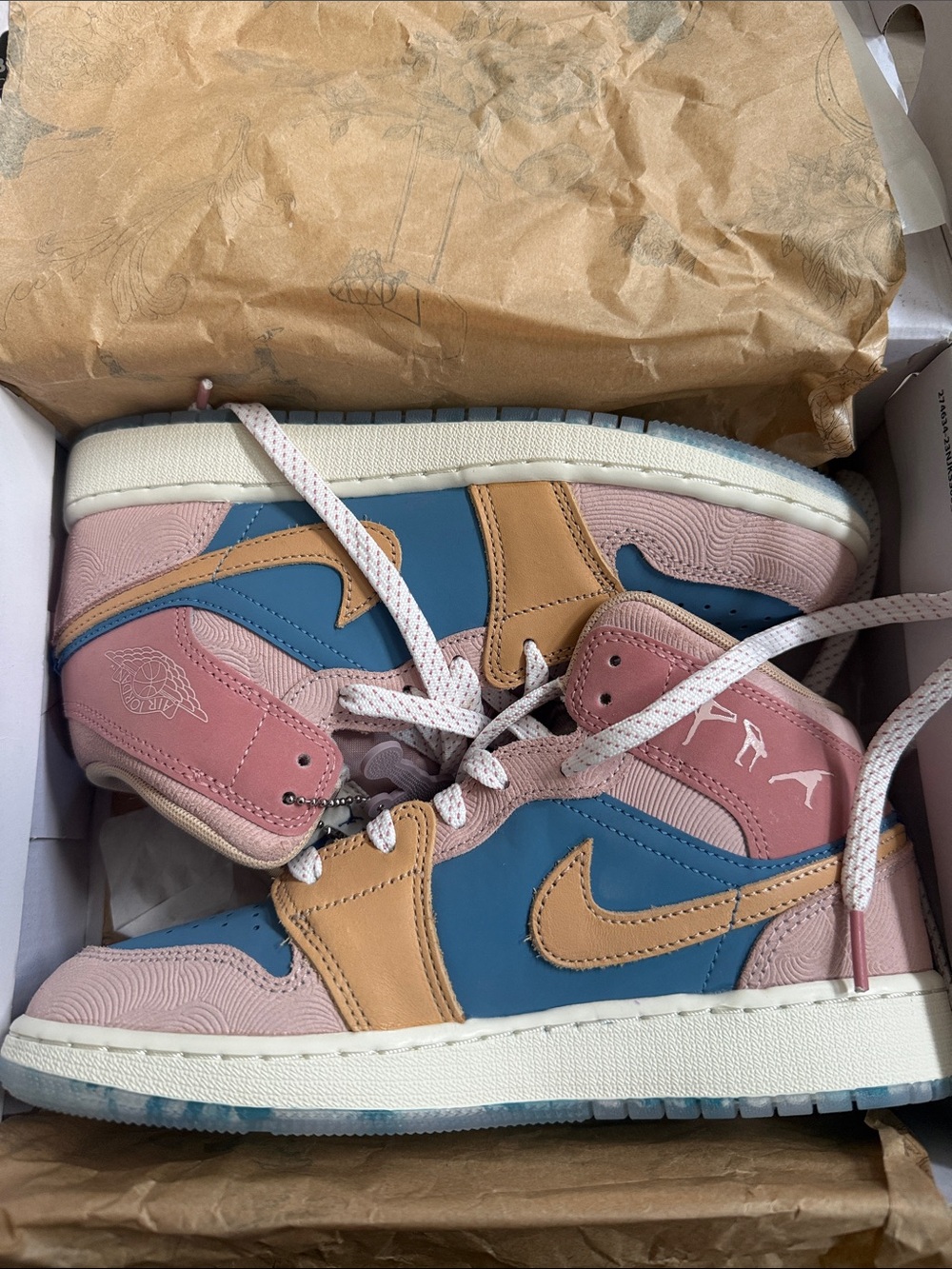 Nike Kids' Air Jordan 1 Mid Pink, Blue & Tan Sneakers